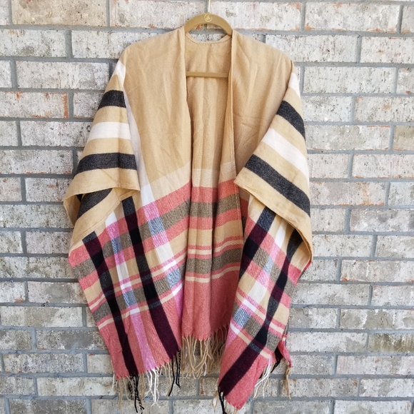 Plaid Shawl Wraps Sweater Poncho Open Front Blanket for Fall Winter OSFM - Picture 1 of 7